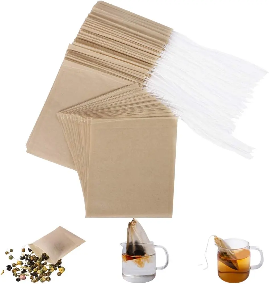 50 Pack Unbleached Tea Filter Bags for Loose Tea, Biodegradable and Compostable Wood Pulp Material, Tea Infuser sachets with Drawstring