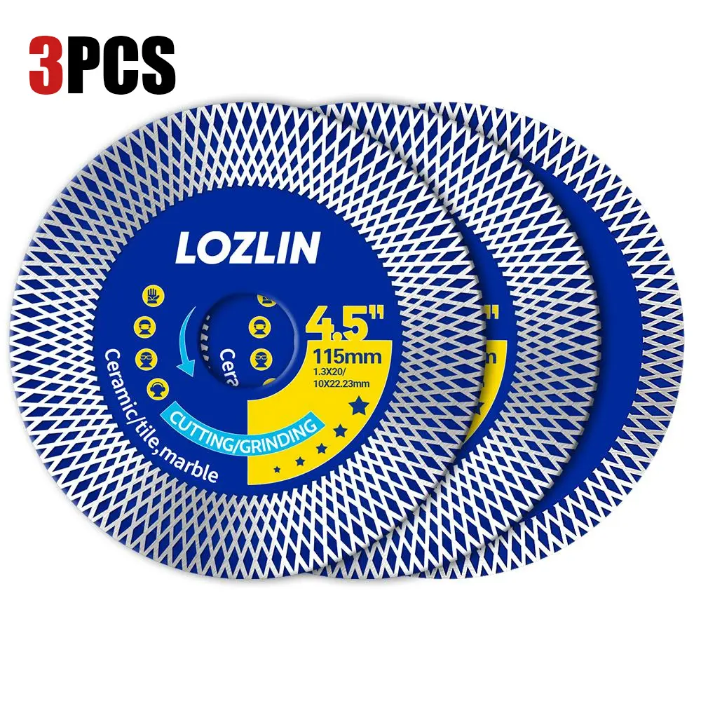 LOZLIN 3PCS 4.5" Mesh Turbo Diamond Blade for Angle Grinder - Ultra-Thin Dry Cutting & Grinding Wheel for All Porcelain, Ceramic Tiles - High-Speed, Durable Dual-Use Saw Blade with Professional Grade Design