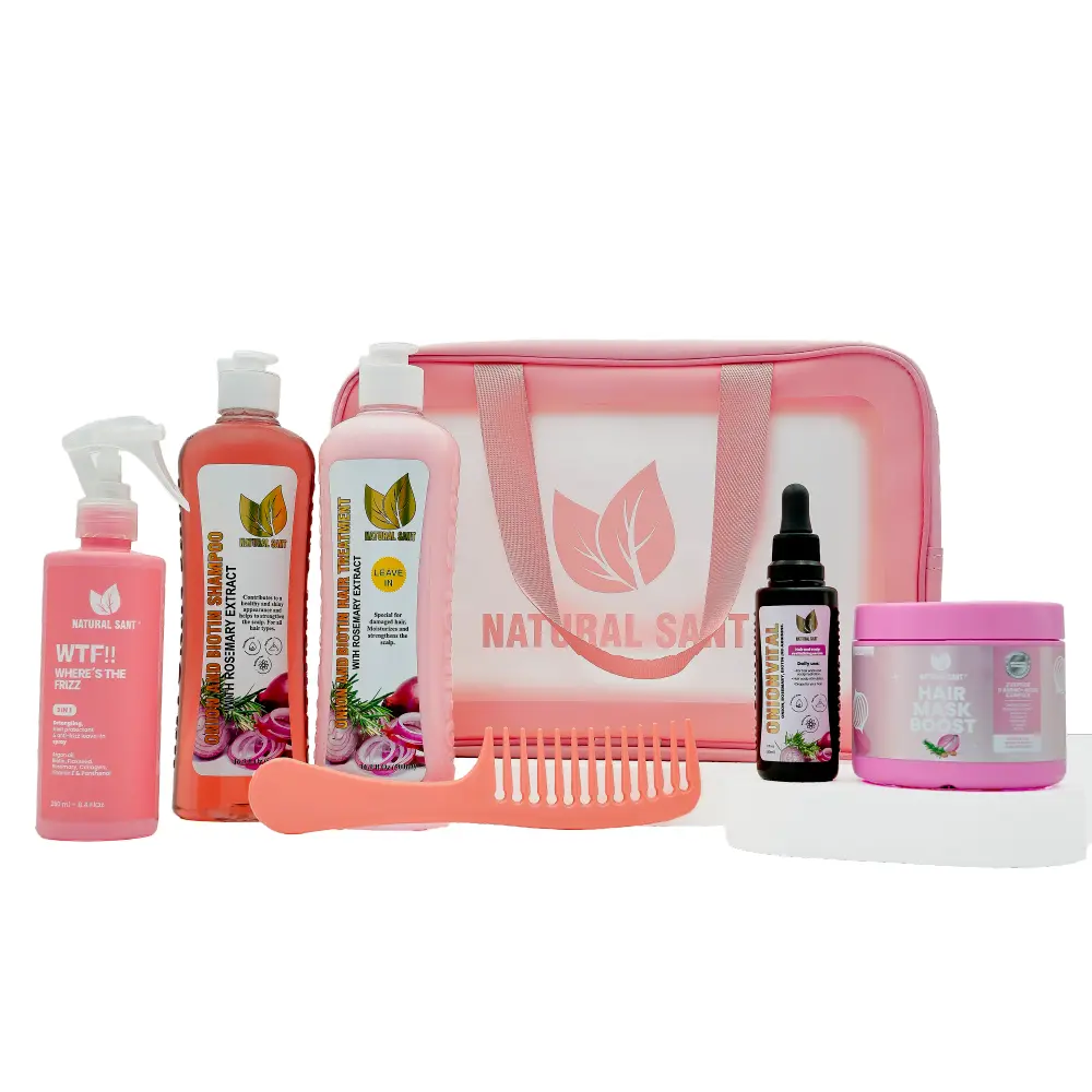 NaturalSant LIMITED EDITION Bundle: Glow and Grow Haircare Set with Onion Extract, Rosemary, Biotin, Hair Boost Mask, Serum, Frizz Spray, Comb and a Free Cosmetic Bag