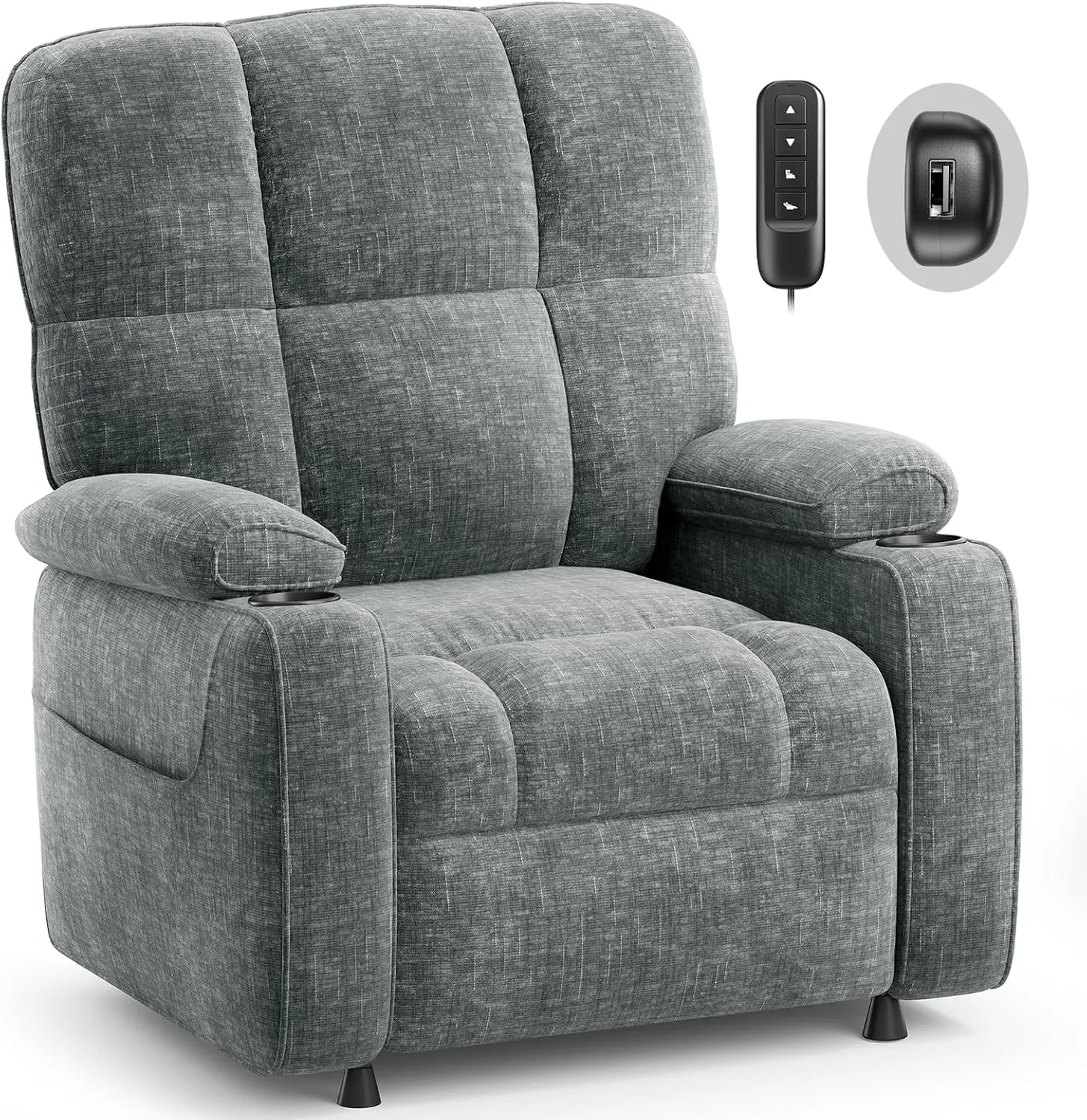 AMADA HOMEFURNISHING Power Recliner Chair for Adults, Infinite Adjustable Chenille Electric Recliner with Cup Holder, Remote, USB Port, Side Pockets & Thick Seat Cushion, for Living Room & Bedroom