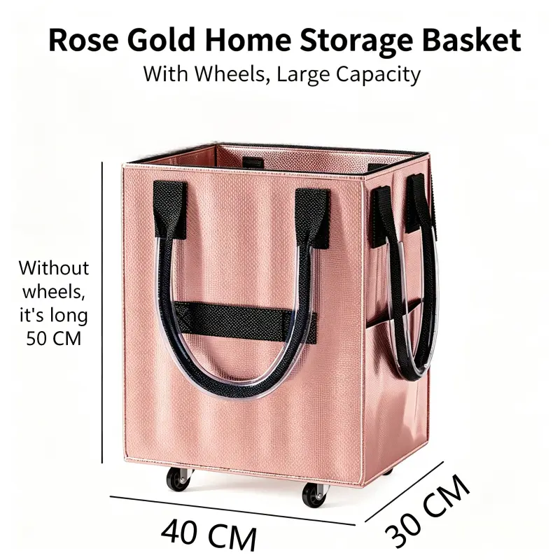 Rose Gold Square Modern Wheeled Storage Bin with Lid - 4-Layer Waterproof Fabric Rolling Organizer with Handle, Large Capacity for Clothes & Toys, Home Organizing Needs
