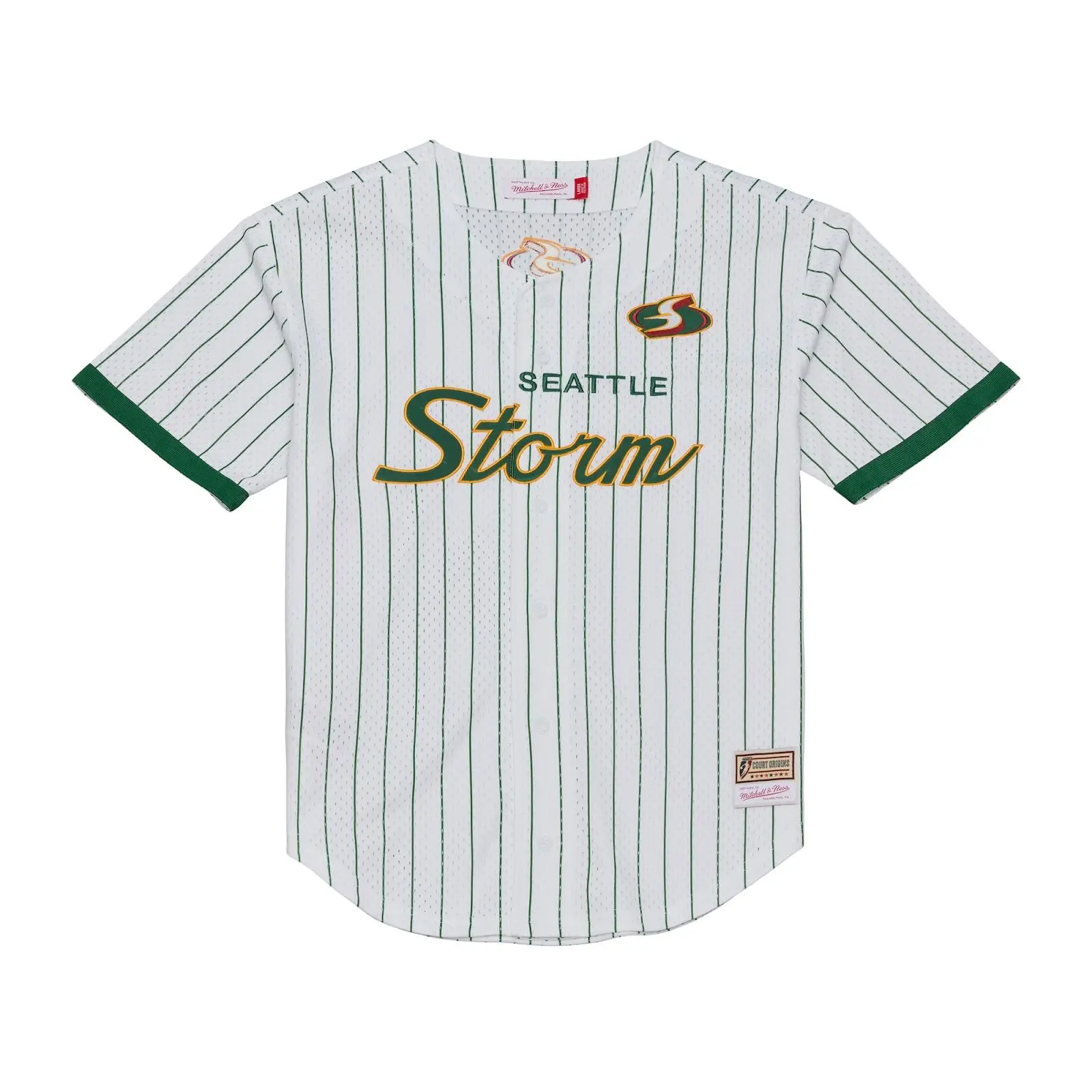 Seattle Storm White Pinstripe Mesh Full-Button Baseball Jersey, Unisex Fit, Regular Cut, Mesh Fabric Short Sleeve Tops