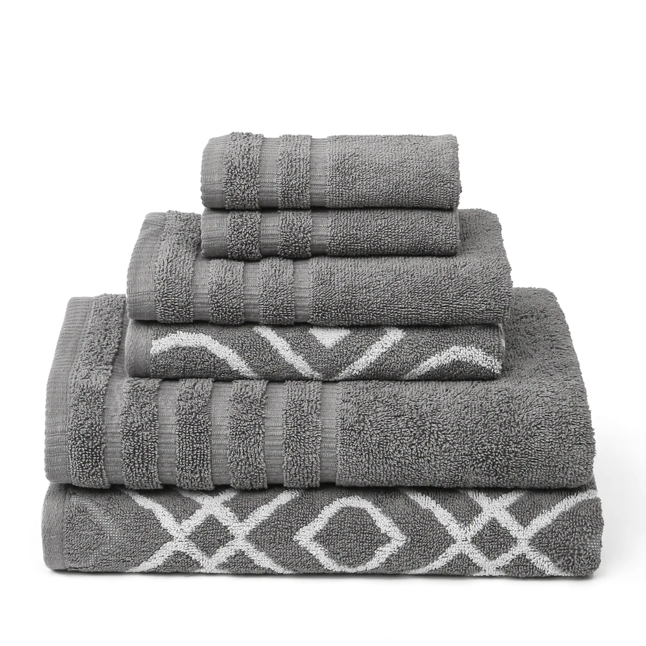 Modern Threads Oxford Fluffy 6-Piece Yarn-Dyed Cotton Absorbent Towel Set - Ash Gray, Lighter Weight, Water Absorbent, Fast Results, for Adult Hand & Bath Use