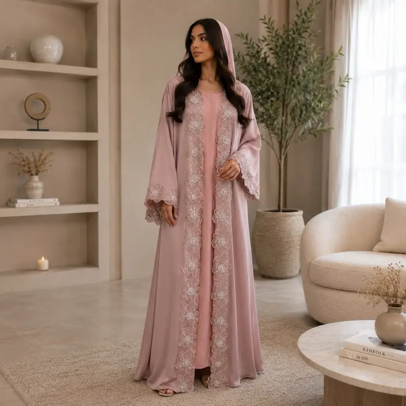 Luxury Floral Pearl Open Abaya Set