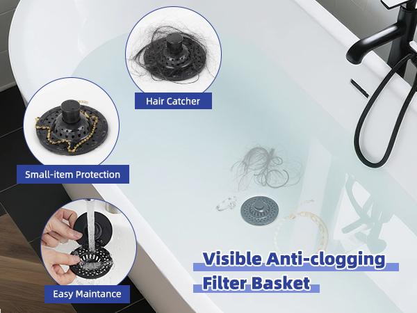 Universal Bathtub Drain Stopper Shower Drain Hair Catcher, Tub Stopper with Visible Top Strainer, Upgraded 3 in 1 Pop-up Drain Plug Fit for 1.5 to 2.4" Hole, Stainless Filter Basket  Matte Black