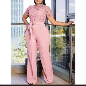 summer spring clothes Pink Lace Jumpsuit for Women Patchwork High Waist Wide Leg Waist Belt Modest Classy Elegant One Piece Office Lady Summer Fashion Light Shortsleeve Womenswear Check Overalls Basic Minimalist Gamis