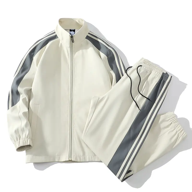 Men's 2-Piece Tracksuit Set - Male Clothing Workout Outfit, Long Sleeve Full-Zip Stand Collar Jacket, Side Stripe Drawstring Track Pants (Men's 2 Piece Sets, Jackets Zip Up), Polyester, Drawstring Pants, Full Length, Men's Wear, Casual