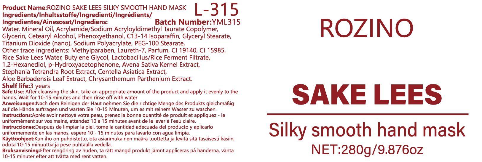 ROZINO Sake Lees Hand Mask - Silky Smooth Formula for Hand Skin Care & Moisturization - 280g Net Weight