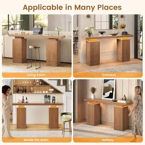 Sikaic 63 Inches Long Console Table with LED Lights, Walnut Brown Wooden Entryway Foyer Hallway Table, Mid-Century Modern Design for Living Room & Entryway