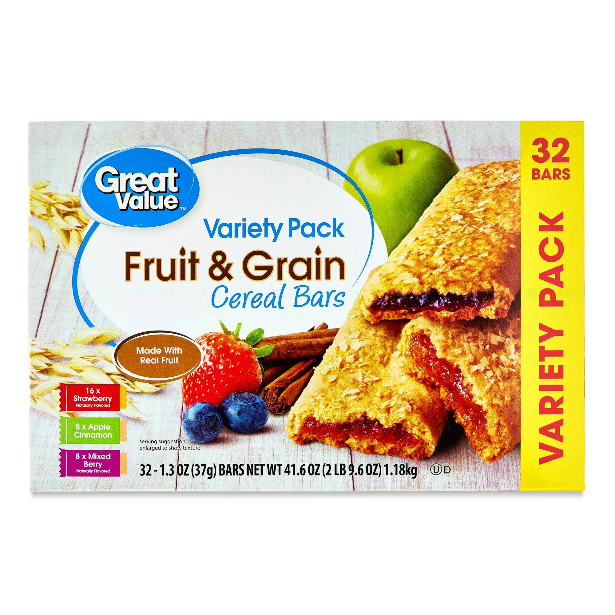 Great Value Fruit & Grain Cereal Bars Variety Pack 32 Ct Mixed Berry Snacks