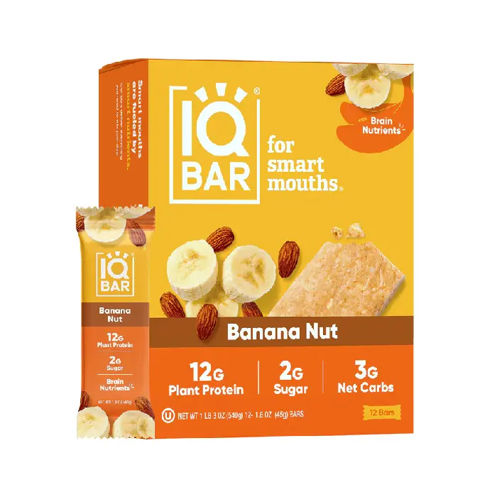 IQBAR Banana Nut Plant Protein Bars (12-Count Pack) - Natural Packaged Nutrition Protein Bars for Brain & Body, Low Carb, High Fiber, Gluten Free, Vegan, Low Sugar Snacks