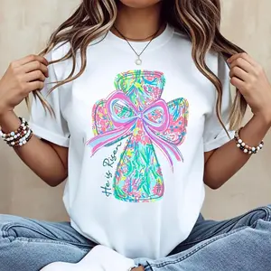 Casual Round-neck T-Shirt With Vibrant Cross And Bow Design He Is Risen Printed Graphic Tee Made In USA For Women For Men [CoreVarsity.us 180G/230G 100% cotton short-sleeve/hoodie, soft and comfortable]