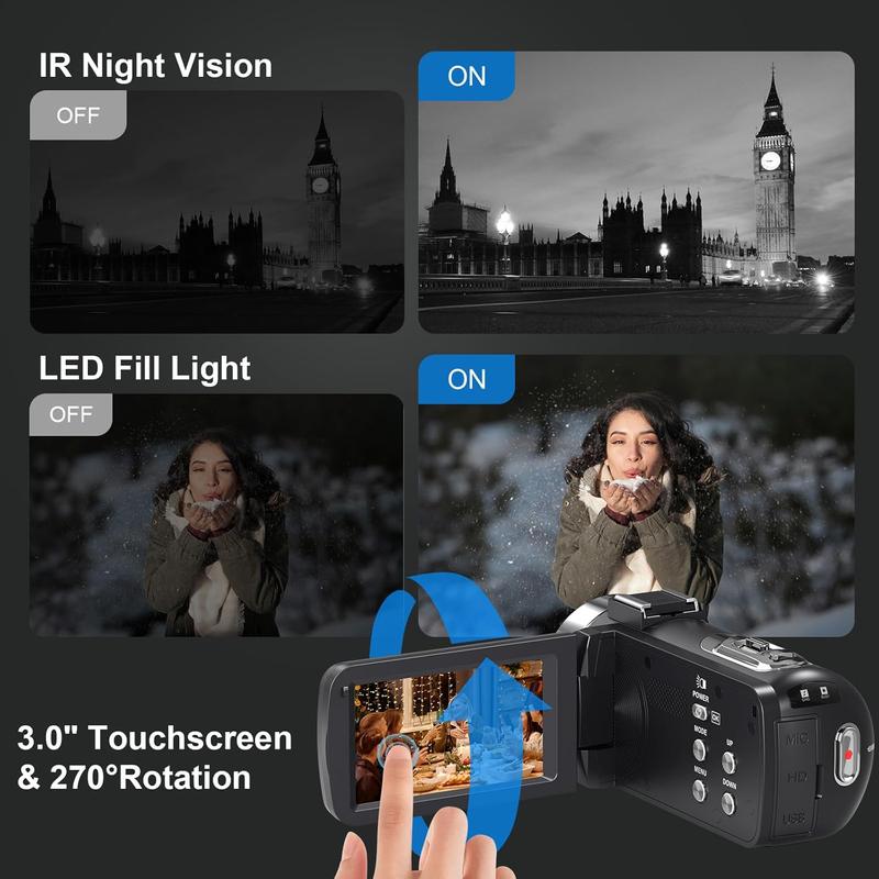 8K 64Mp Video Camera Camcorder | Ir Night Vision Vlogging Camera With 18X Zoom, Wifi, 3.0'' Touch Screen, 64Gb Sd Card, 2 Batteries, Remote Control, Mic, Stabilizer | Non, Auto Focus, Mp4 Format