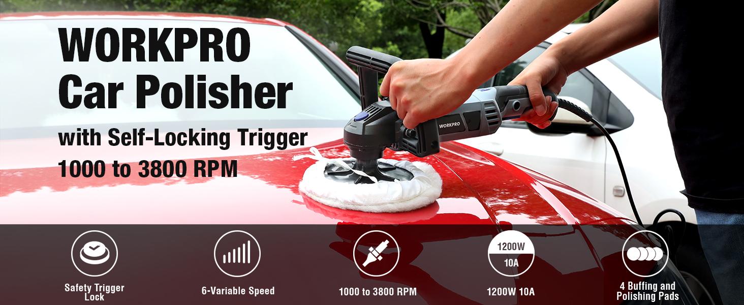 #JumpstartSale WORKPRO Buffer Polisher - 7-inch Car Buffer Waxer with 4 Buffing and Polishing Pads, 6 Variable Speed 1000-3800 RPM, Detachable Handle, Ideal for Car Detailing, Sanding, Polishing, Waxing