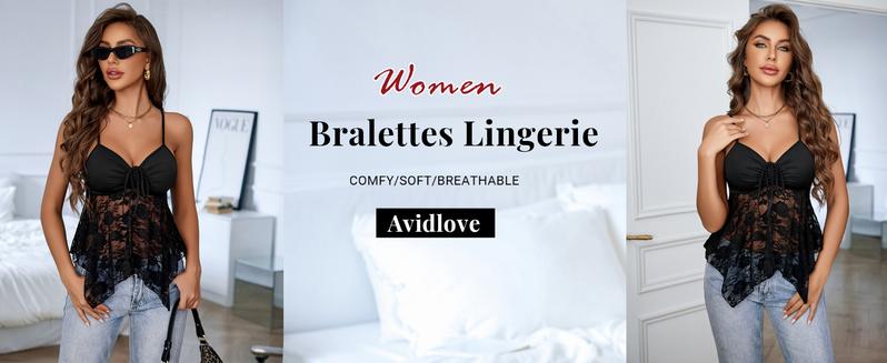 Avidlove Lace Bralette Crop Top for Women Y2k Cami Tank Top with Adjustable Spaghetti Straps & Elastic Mesh Lace Comfortable Casual Lingerie Bustier