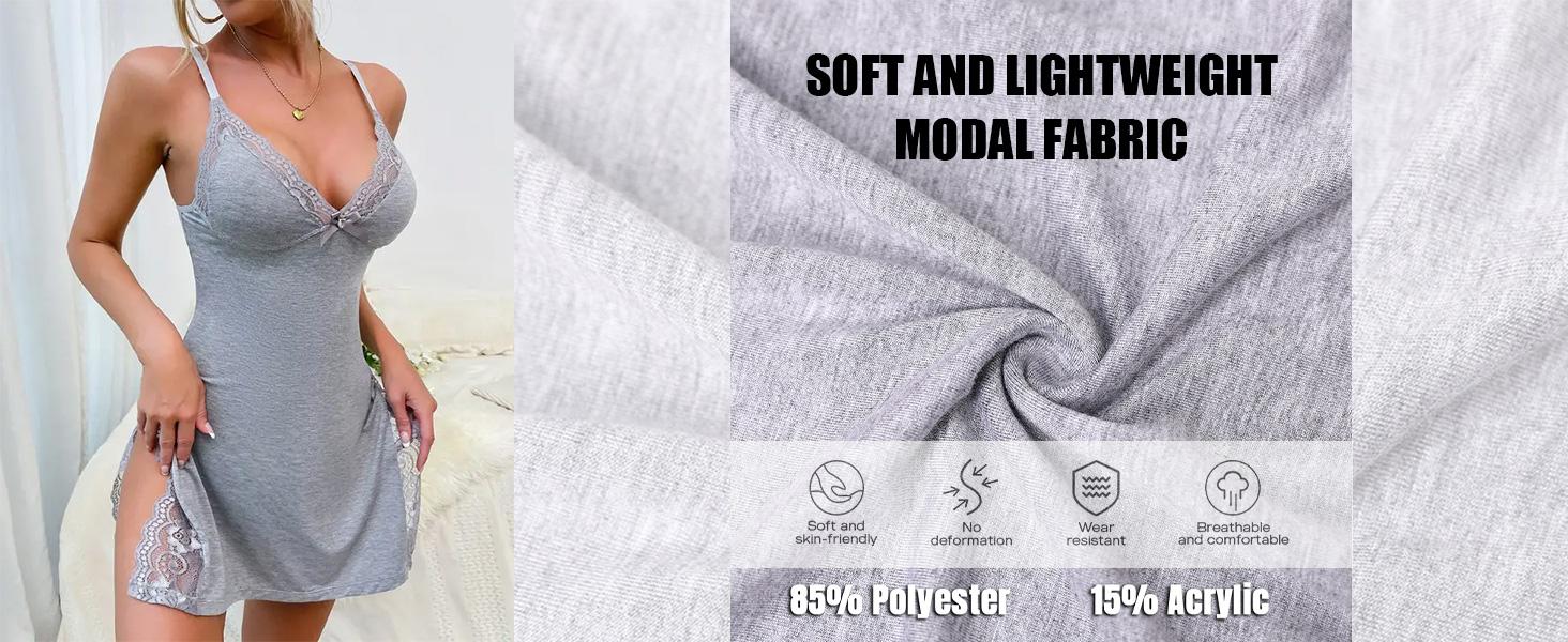 ChicMe Women's Lace Trim Side Slit Modal Cami Sleep Dress Loungewear Cute Night Gown for Women Lightweight Lingerie Soft Nightwear