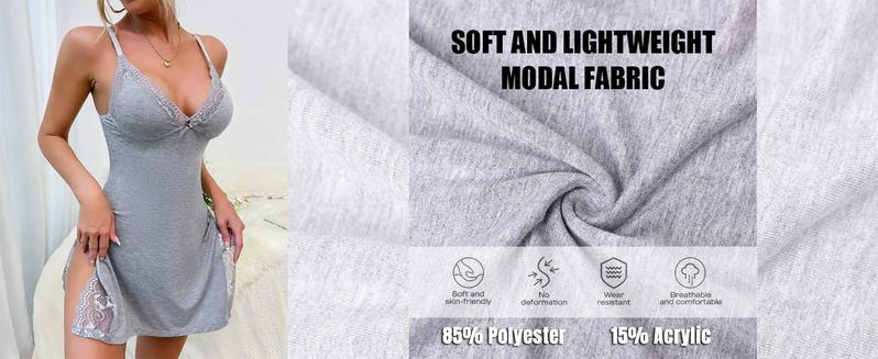 ChicMe Women's Lace Trim Side Slit Modal Cami Sleep Dress Loungewear Cute Night Gown for Women Lightweight Lingerie Soft Nightwear