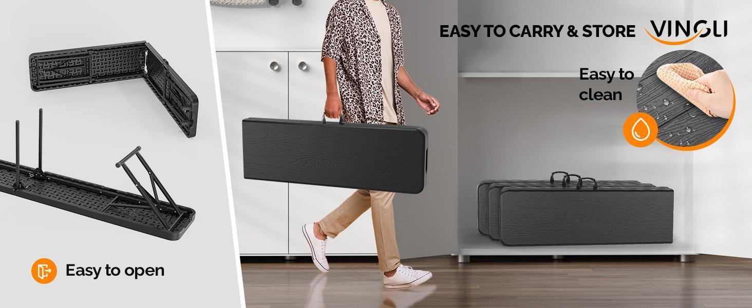 VINGLI 6 feet Plastic Folding Bench,Portable in/Outdoor Picnic Party Camping Dining Seat, Garden Soccer Multipurpose Entertaining Activities, Smooth HDPE Tabletop, 1/2 Pack, White/Black/Brown