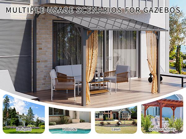 Walsunny Gazebo for Patio,  8/10' x 10' Large Shed Wall-Mounted Lean to Gazebo Pergola with Roof, Hard Top Heavy Duty Awnings for Backyard, Deck，Black