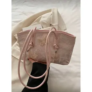 Vintage Butterfly Lace Zipper Bag, Large Capacity Tote, High-Quality Shoulder Bag, Suitable for Women Daily Use, School, Work, Commute