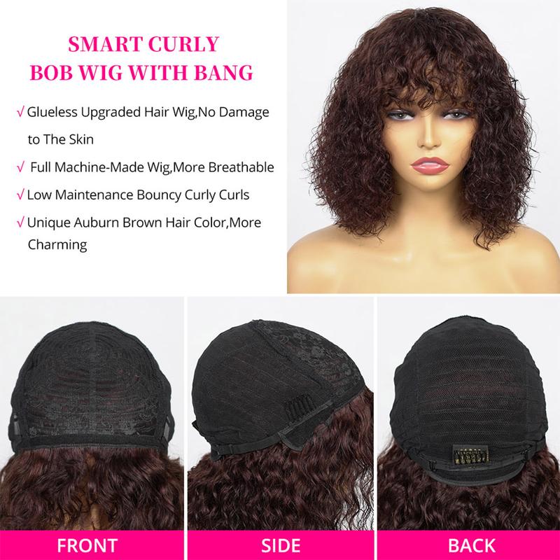 Asteria Hair Red Brown Curly Wig with Bangs Human Hair Short Bob Wig Machine Made Beginner Friendly
