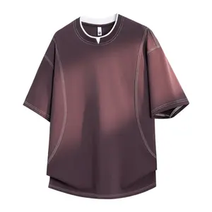 Summer new arrival loose-fit crewneck T-shirt for men; trendy high-street style, breathable and moisture-wicking short sleeves; heavyweight loose-fit contrast-trim T-shirt; deconstructed patchwork half-sleeve top with a crewneck