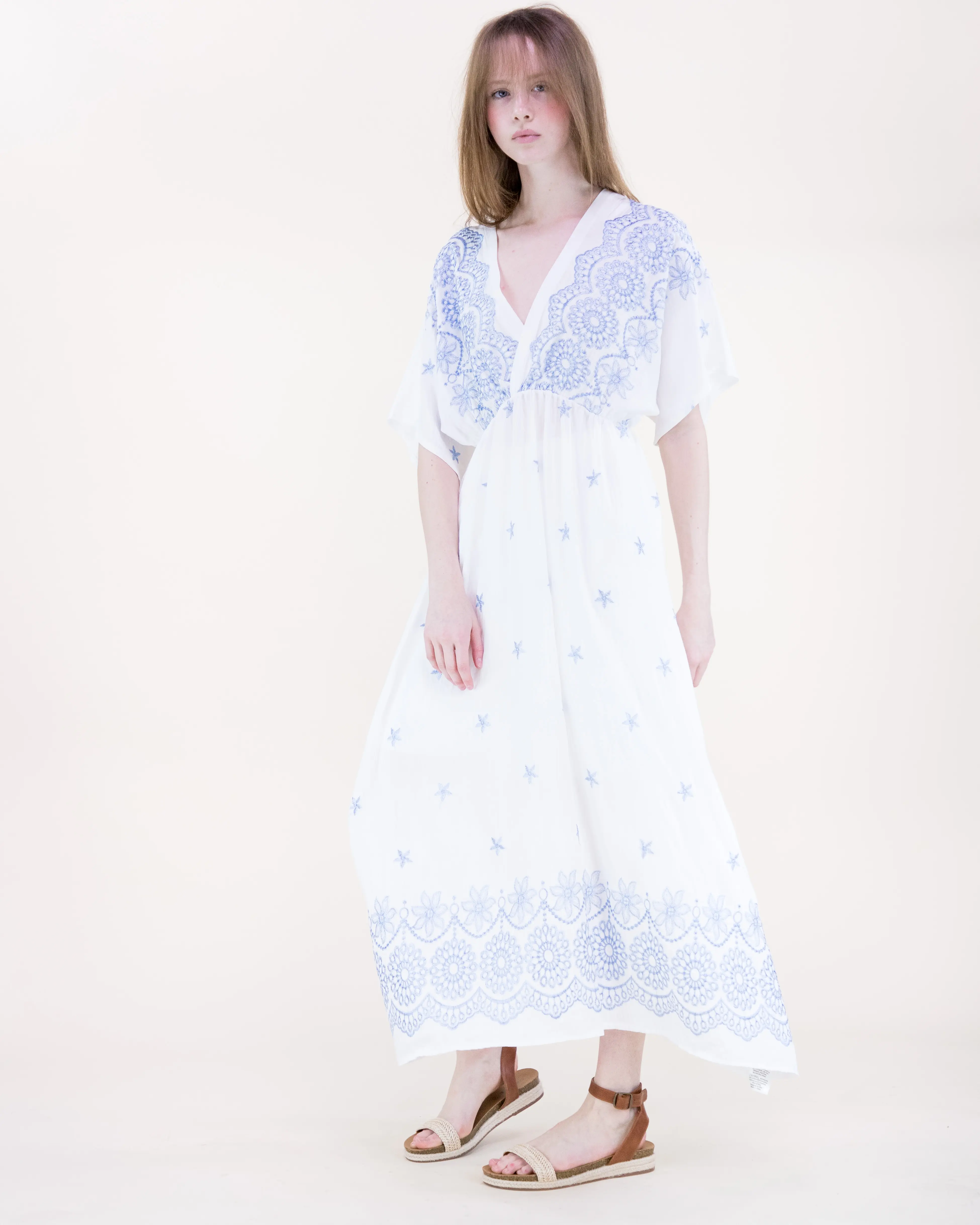 Women's Amsonia Embroidered Casual Maxi Dress - Kimono Sleeve or Sleeveless, Lightweight Feminine Breathable Floral Embroidery, for Resort & Coastal Wear (Elegant Vacation Style)