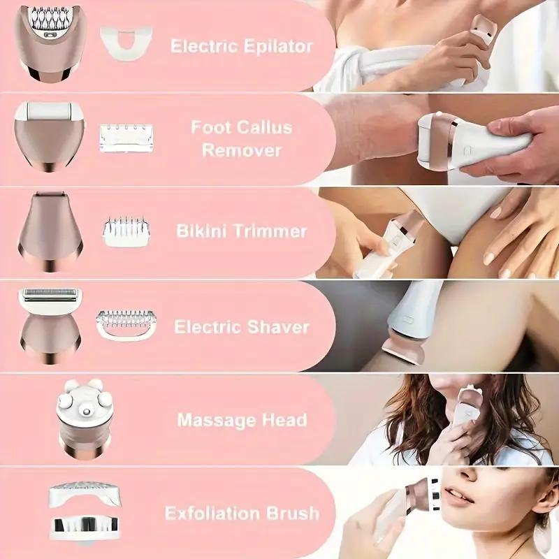 6-in-1 Electric Epilator & Lady Shaver – Wet & Dry Hair Removal for Legs, Underarms, Face & Bikini Line | LED Light, Gentle & Painless – Perfect for Smooth Skin Anywhere! Cordless Storage