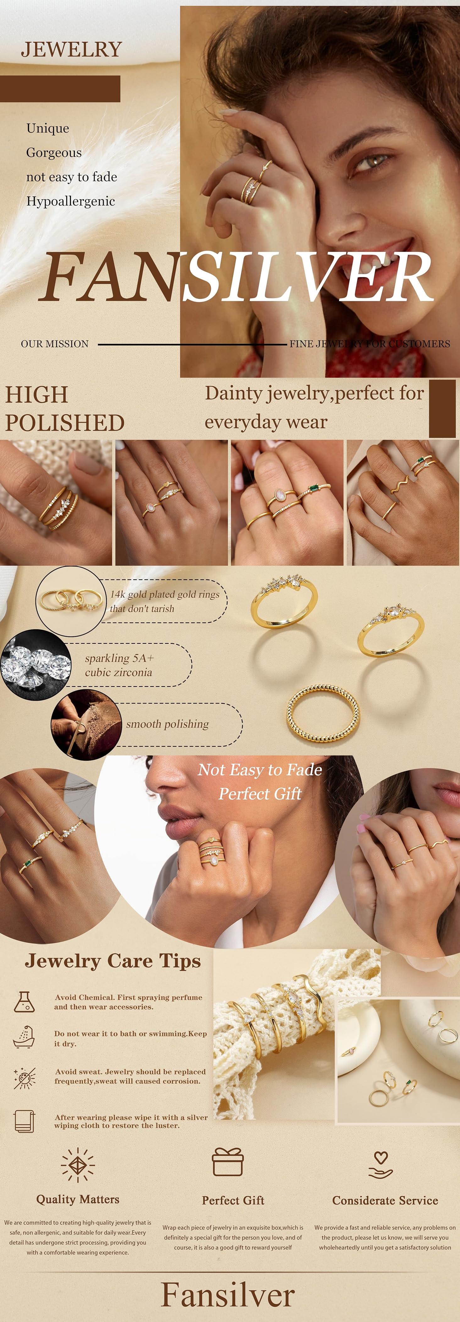 Fansilver 14K Gold Plated Stacking Rings for Women Simple Dainty Gold Stackable Knuckle Thumb Rings Heart CZ Opal Rings Plain Band Size 5-11 FallFreshness