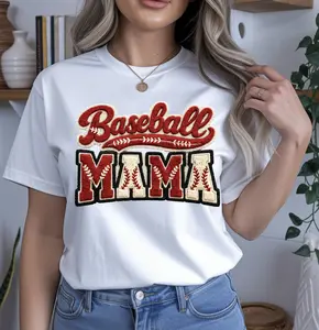 Faux Patch Baseball Mama Tshirt Women's Casual Top Crewneck Tee for Everyday Wear