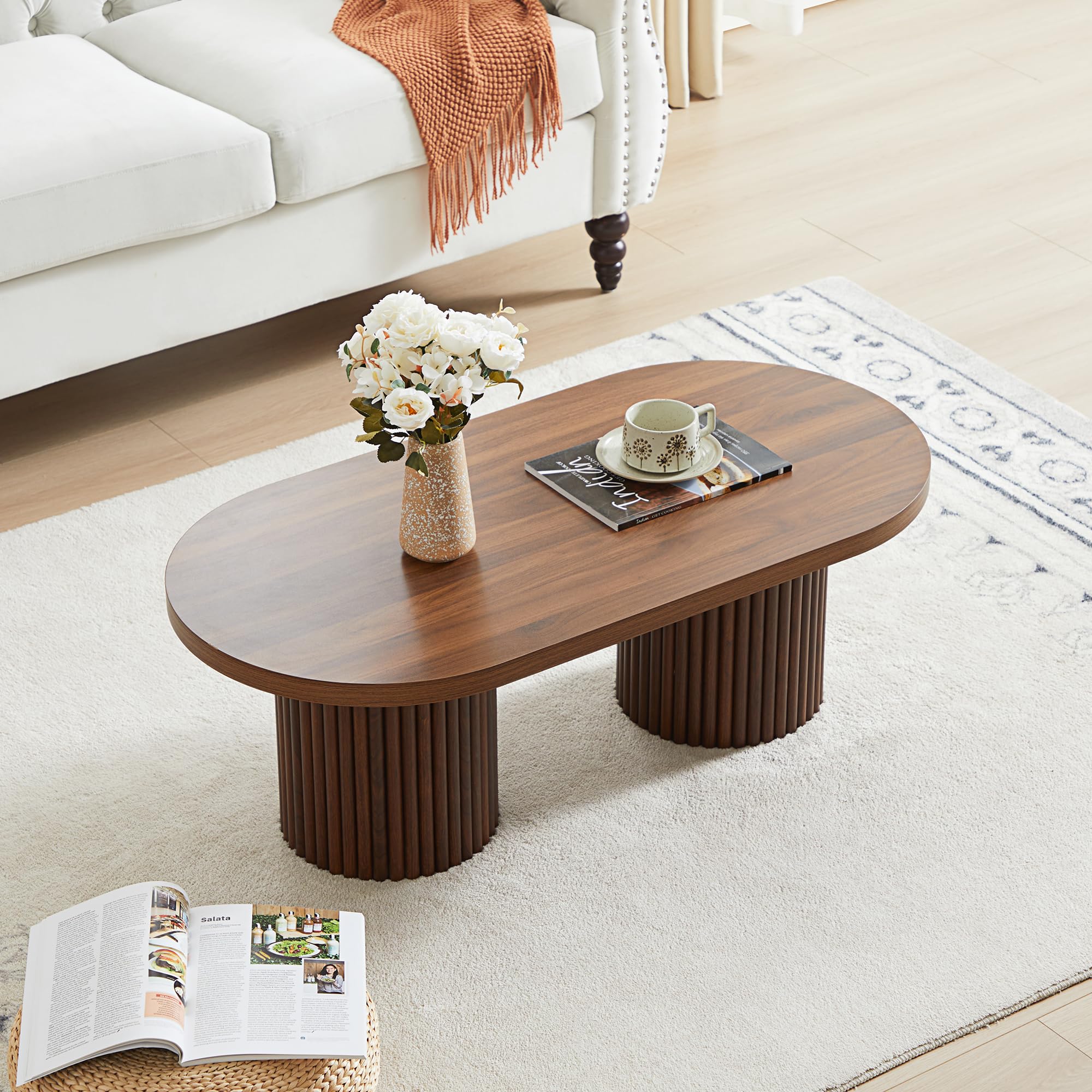 Giratree 39.38" Fluted Oval Coffee Table for Living Room, Boho Modern Coffee Table with Fluted Legs, Curved Round Wood Center Table for Home, Small Spaces, Office