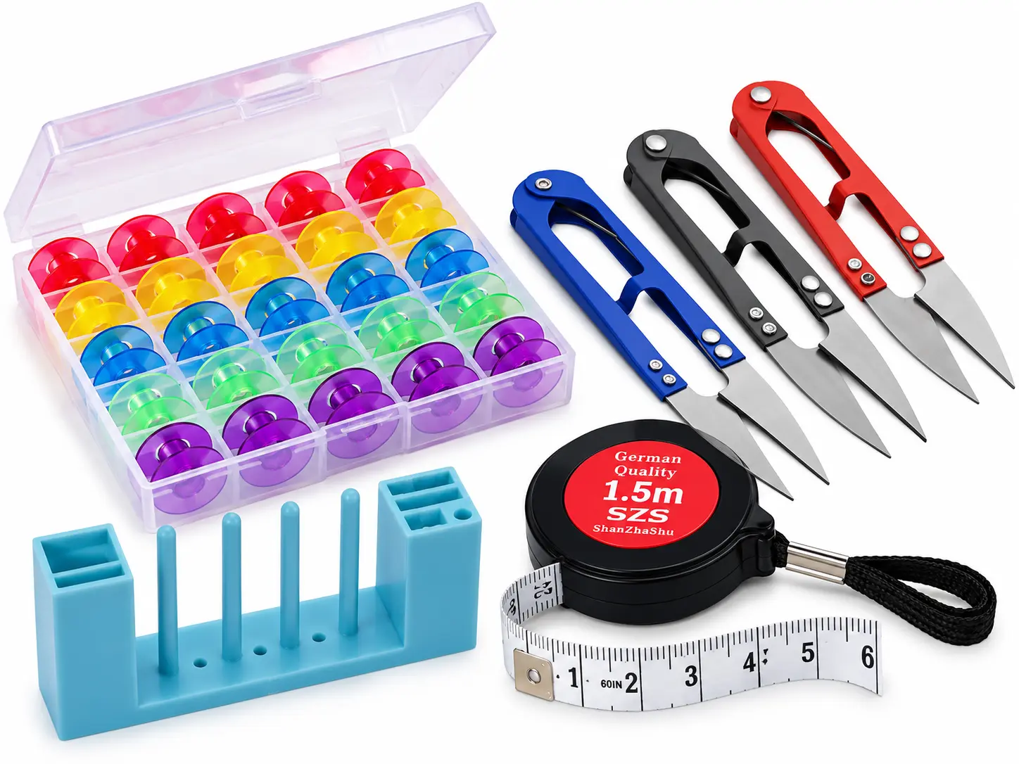 Complete Sewing Accessories Kit with 25 Colorful Bobbins 3 Thread Snips Spool Holder & 1.5m Measuring Tape for Crafting