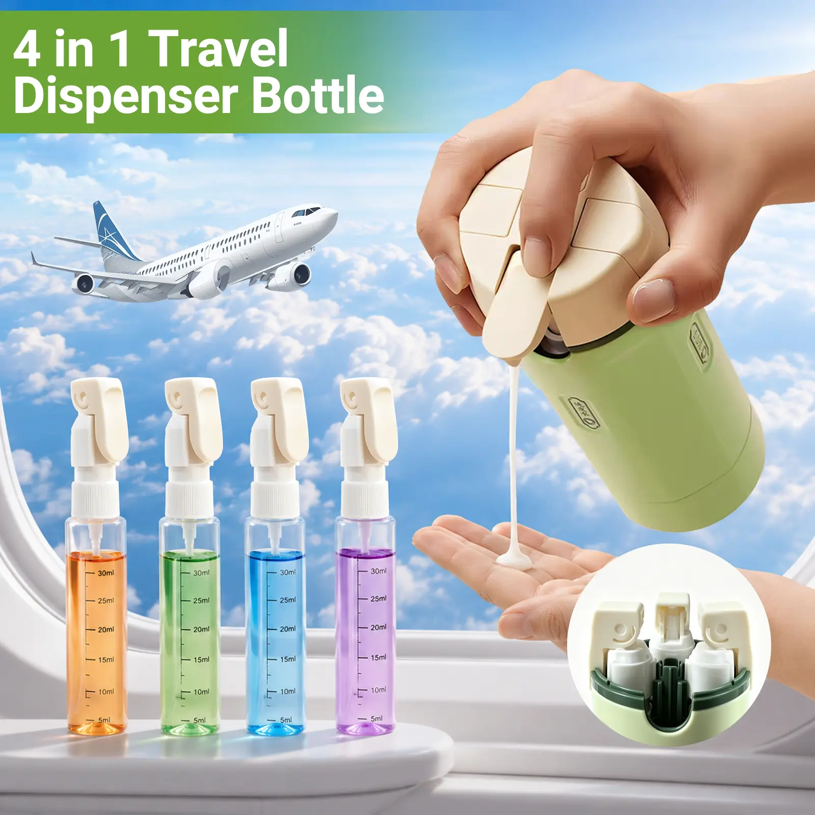4-Piece Lightweight Travel Bottles Set, 4-in-1 Plastic Round Pump Dispensers with Measuring Scale, Spill-Free Leak-Proof Adjustable Containers & Label Stickers for Travel (Beauty & Personal Care Makeup Tools), Compact,back to school,back to school haul