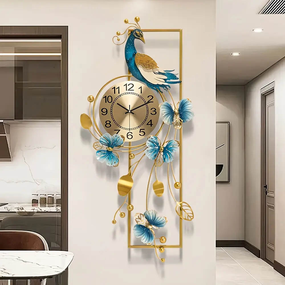 34.6 in Luxury Metal Hanging Animal Wall Clock - Irregular Peacock & Butterfly Detail Design, AA Battery-Powered Home Decoration for Living Room, Smooth Metal Hands for Free Wall Space (AA Battery Not Included)