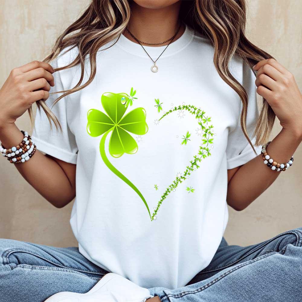 Crew Neck T Shirt  Four Leaf Clover Heart Design St Patrick's Day Celebration,Unisex Graphic Casual Short Sleeve Crew Neck,Shirt for Men & Women, Gift for Her and Him Unisex T-shirt For Man And Woman, Tshirt, Streetwear Style, Retro Vintage Y2k