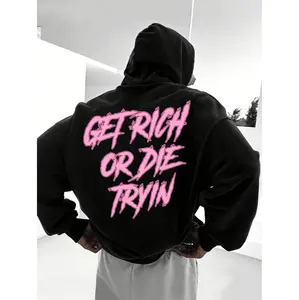 Get Rich Or Die Trying Graphic Hoodie For Men Black Pullover With Pink Lettering Casual Streetwear For Fall And Winter