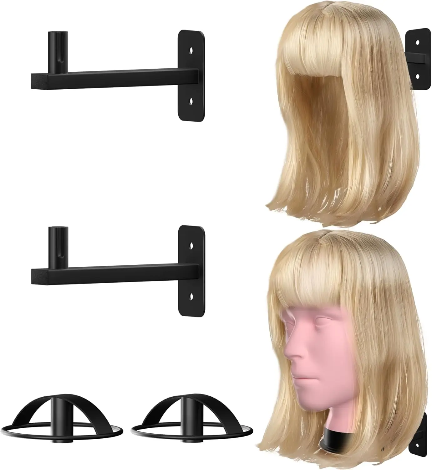 （2-Pack / 4-Pack） Vantage Mounts Metal Wig Stand Wall Mount, Heavy-Duty Mannequin Head Holder & Display Rack for Salon, Bedroom, Closet & Vanity