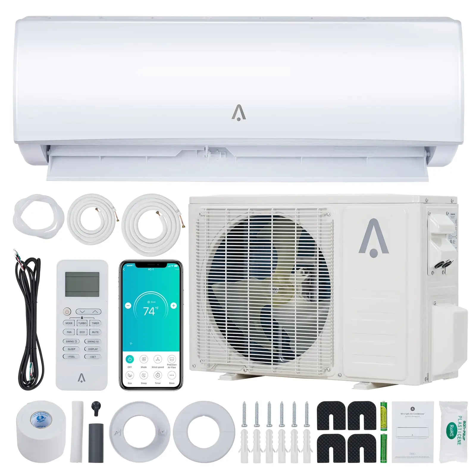 Garvee 19 SEER2 12,000 BTU Ductless Inverter Wall-Mounted Mini Split AC with Heat Pump, 115V Plug-and-Run, 110V Compatible, Wi-Fi Room Control, Installation Kits, Remote Control, Cools Up to 550 Sq. Ft. Home HVAC Solution