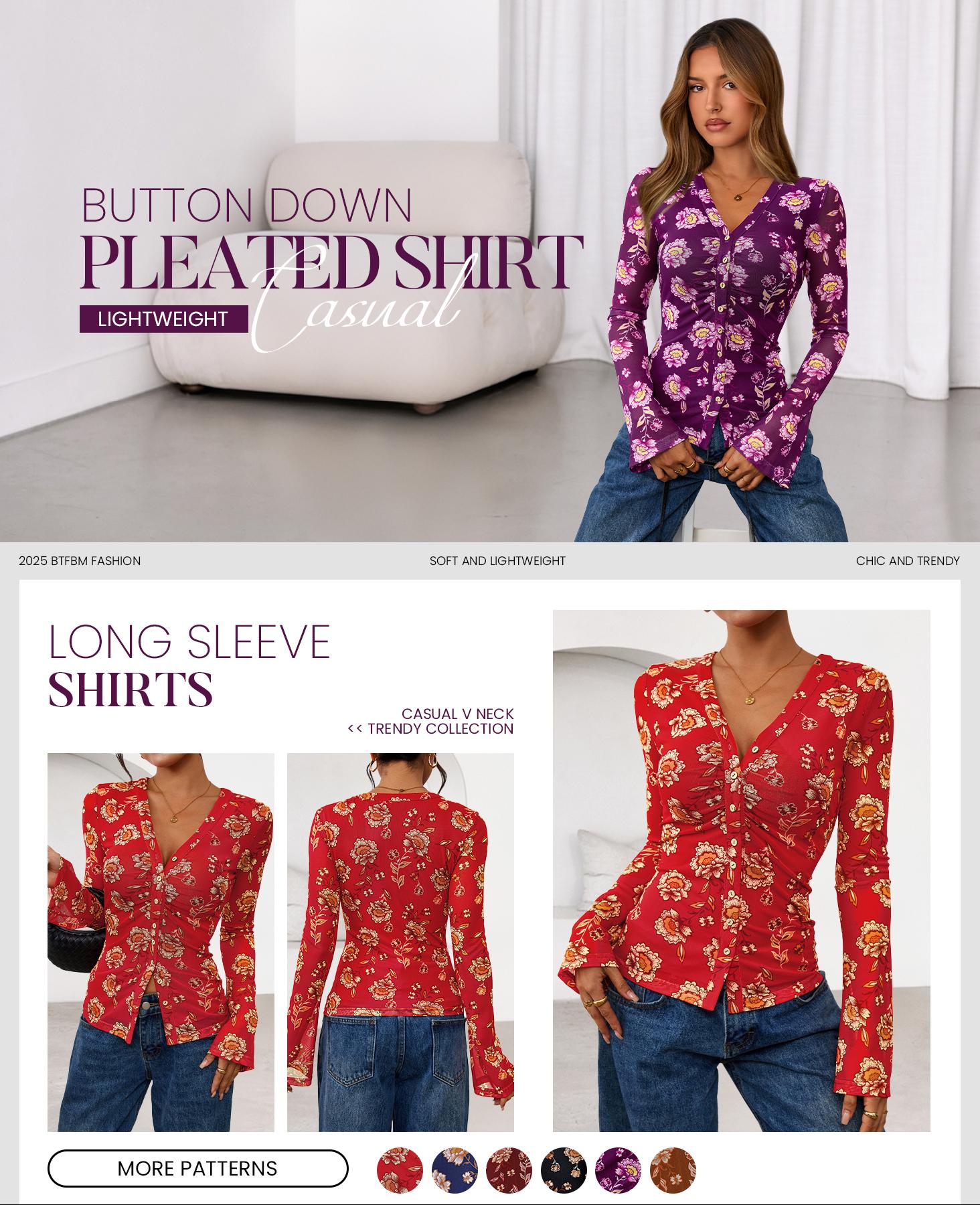 BTFBM Button Down Shirts for Women Fall Fashion 2026 V Neck Long Sleeve Blouse Ruched Mesh Fitted Floral Print Boho Tops