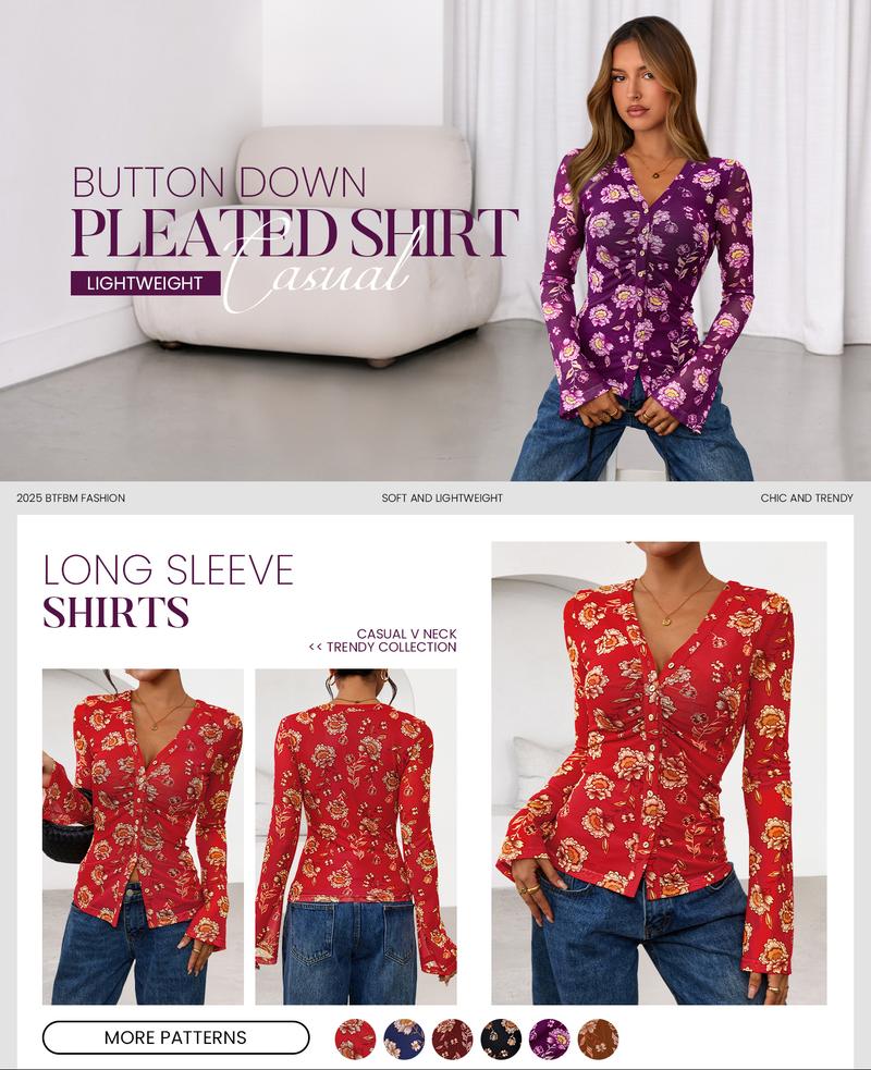 BTFBM Button Down Shirts for Women Fall Fashion 2025 V Neck Long Sleeve Blouse Ruched Mesh Fitted Floral Print Boho Tops