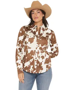 Shyanne Women's Junegrass Cow Print Long Sleeve Snap Stretch Western Shirt - Srho25w4-Cof