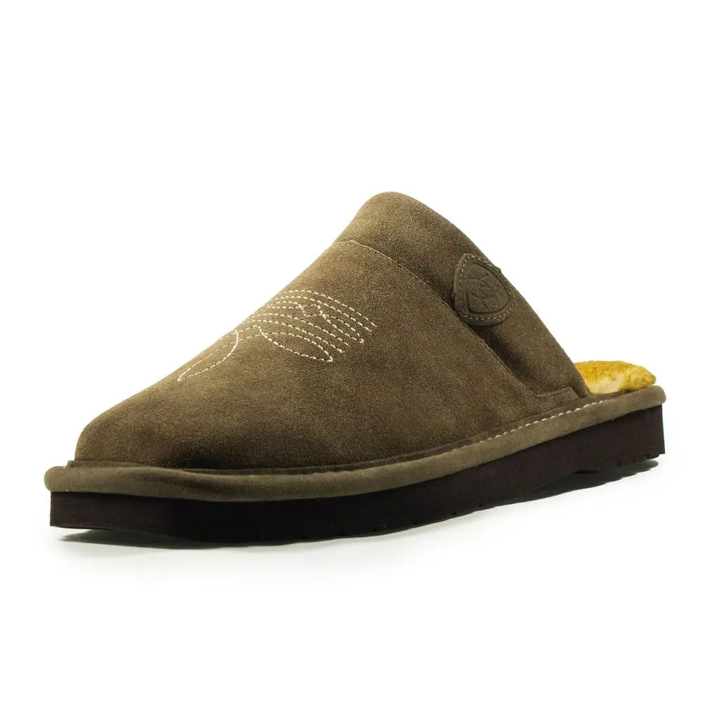 Ariat Men's Silversmith Slip-On Slipper - Stone Suede Leather, Wide Square Toe, Faux Shearling Lining, Indoor-Outdoor EVA Sole, Bug Stitching, Foam Cushion, Warm & Cozy Casual Indoors Men's Fashion Slippers