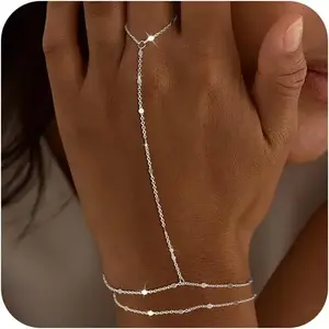 Dainty Ring Bracelet Hand Chain for Women - 14K Gold Plated/Sterling Silver Layered Adjustable Satellite Bead Paperclip Dot CZ Link Hand Chain Bracelets Non Tarnish Trendy Jewelry Gift