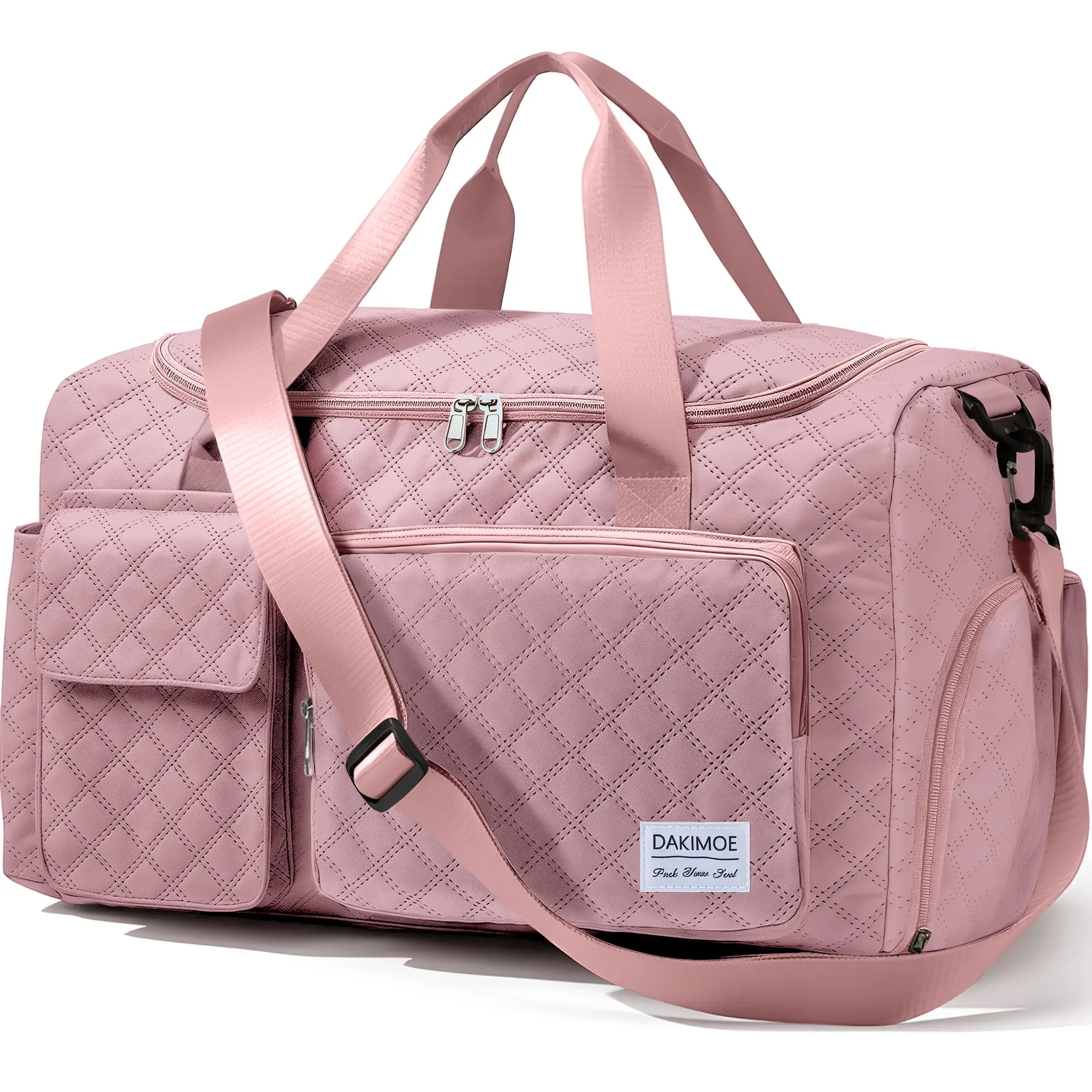 DAKIMOE Travel Duffle Bag for Women, Foldable Waterproof Overnight Carry-On Tote with Wet Pocket, Adjustable Strap, Shoe Compartment for Plane, Gym, Sports