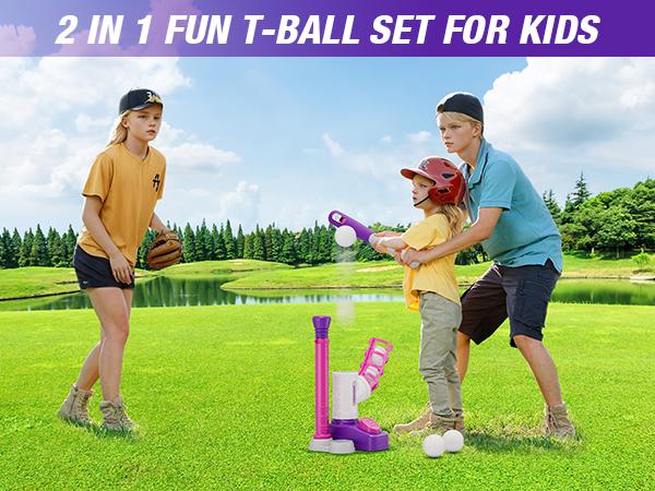 T-ball Set for Toddlers 3-5 Tee Ball Set with Step on Pitching Machine Adjustable Batting Tee Retractable Baseball Bat 8 Pop Up Balls Outdoor Sport Toy Games for Kids Girls