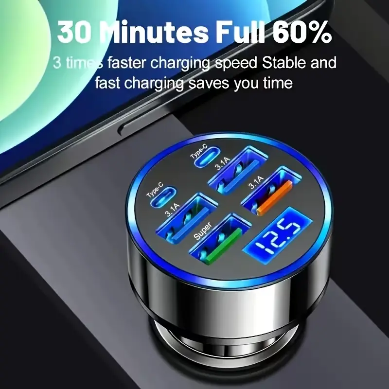 Multi-Port Car Charger with LED Voltage Monitor | 4 USB + 2 PD Cigarette Lighter Adapter | Universal Fit for Mobile Devices & Tablets-YY