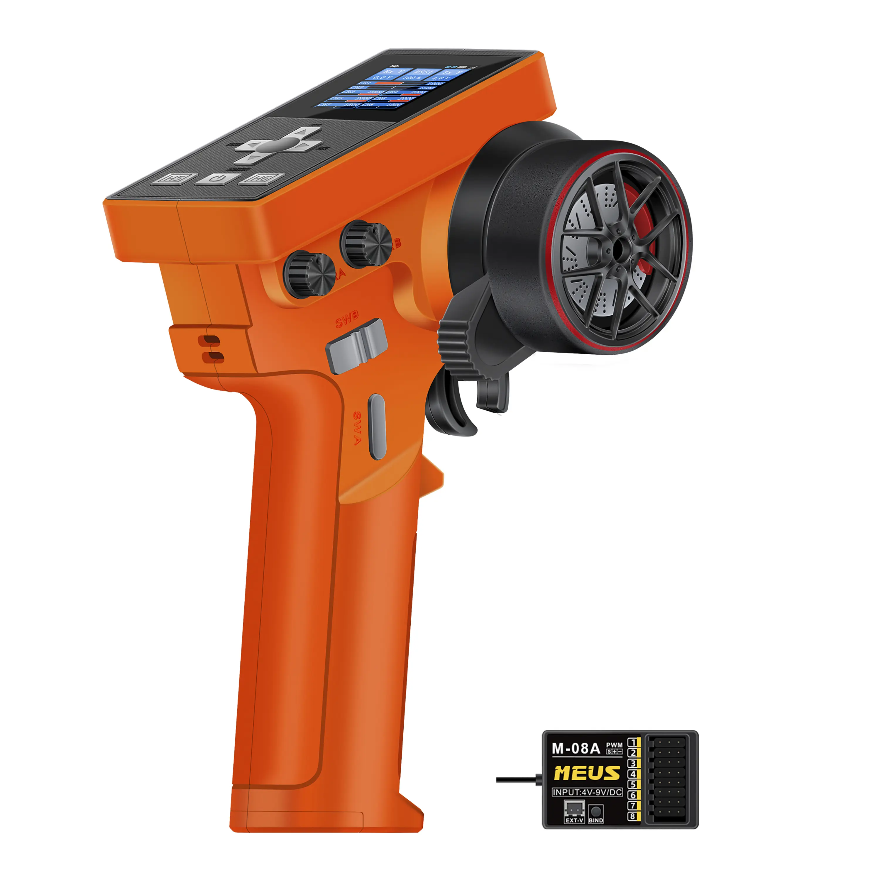 MEUS RACING ME-8B 2.4GHz 8-Channel RC Transmitter with Receiver - Rechargeable Battery (Yes, None Pros), All Terrains Available Upgrade Part for 1/8,1/10,1/18,1/24 RC Crawlers, Cars, Boats (TRX4,TRX4M,SCX10,SCX24) (Orange)