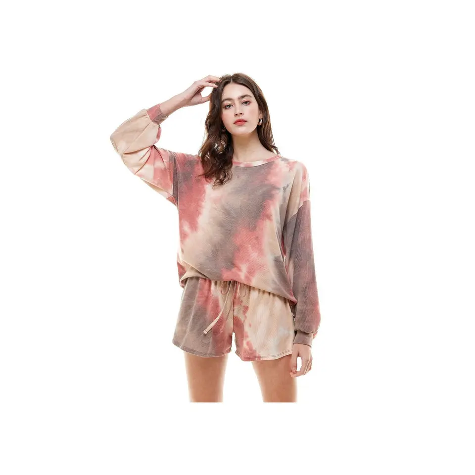 Women's Casual Tie dye Color Knit Pullover Tops and Short Pants Pajama outfits Sets with Pocket Made in USA Comfort Fabric prettygirlloungeset outfits latinatops trackset prettylittlething twopieceset outfit girls Nightwear Womenswear Loungewear Bottom