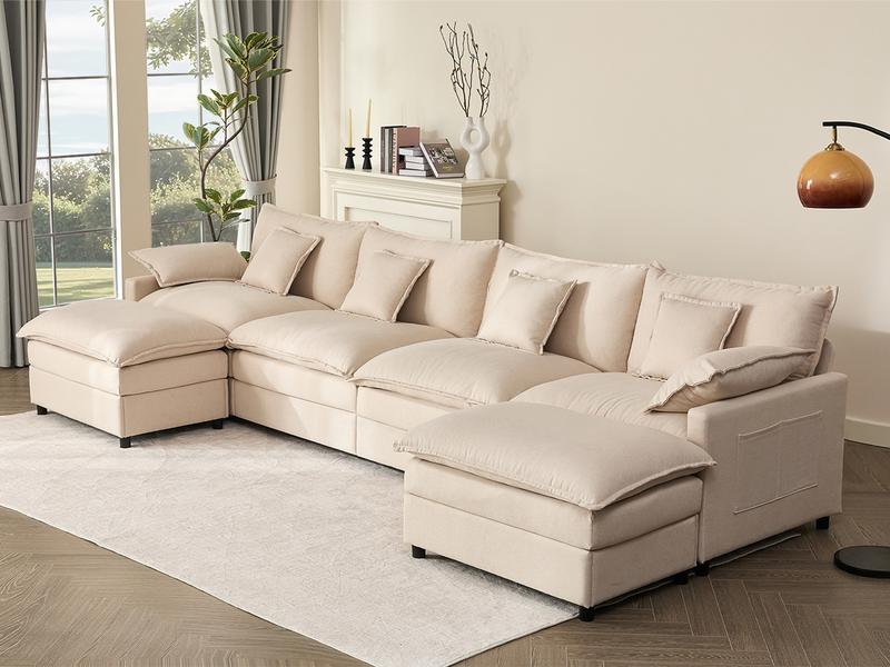 【2 Packages Shipping】GOSUHI 108" U-Shaped Modular Sectional Sofa - Comfy Cloud 3-Seater with 2 Movable Ottoman, Cloud Sofa,Deep Seat Linen Couch for Living Room, Beige Color ,Comfort & Stylish Design,Chenille pink