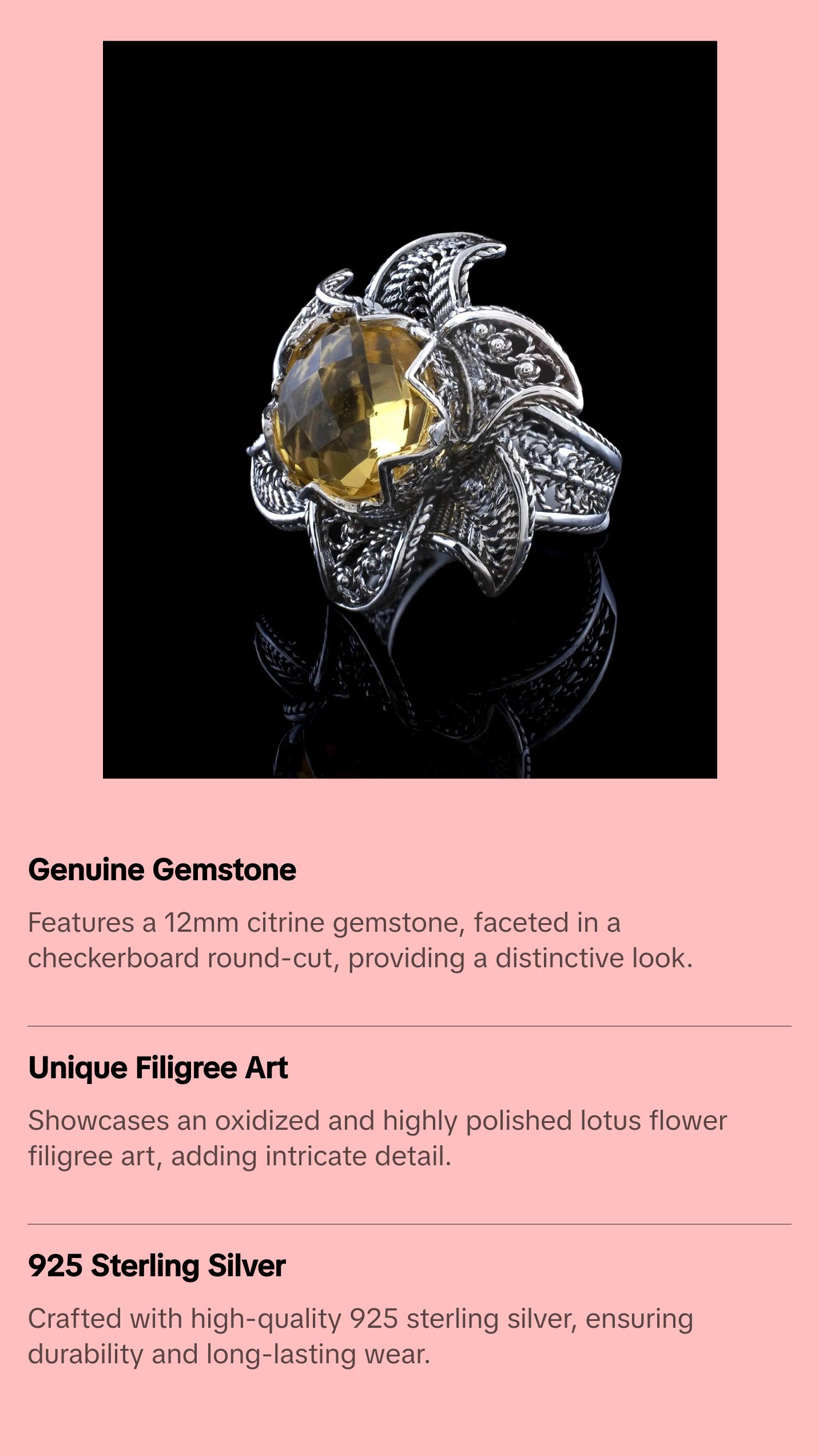 Lotus Flower Citrine Gemstone Women Silver Statement Ring